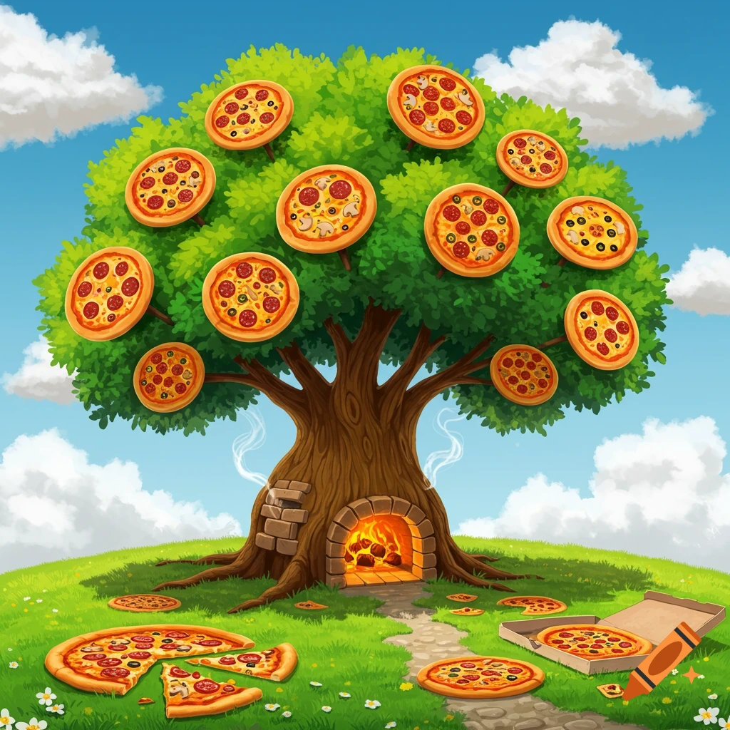 Cartoon tree growing pizzas, with an oven at the base and pizzas on the ground.