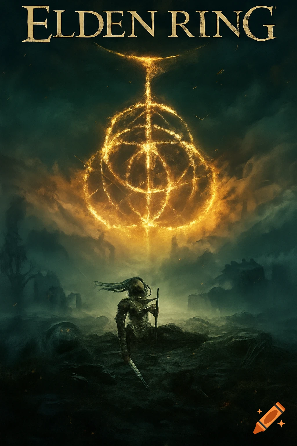 Dark fantasy artwork with a figure in a misty landscape under the glowing Elden Ring symbol and 'ELDEN RING' text.