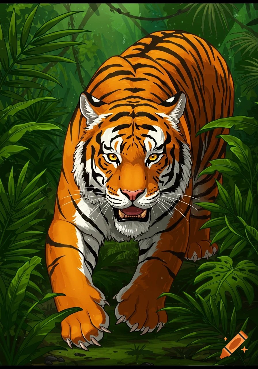 A cartoon tiger walks through a lush jungle.