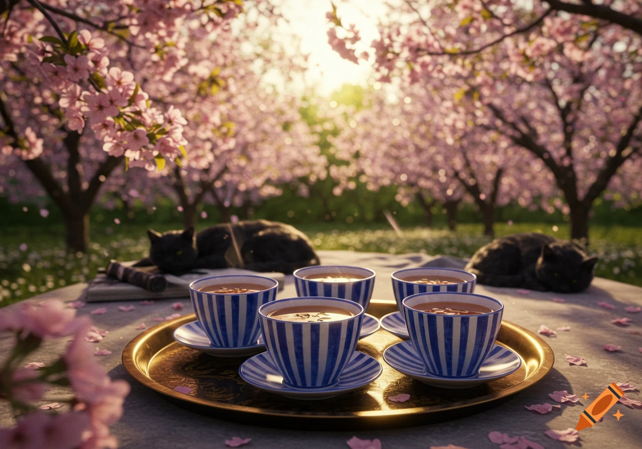 Six blue striped tea cups and two black cats in a sunlit cherry blossom garden.