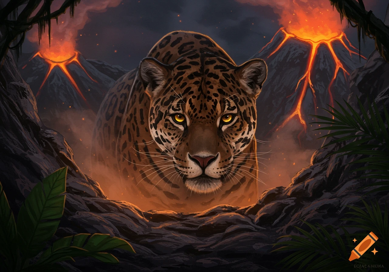 Close-up of a jaguar looking directly at the viewer, with erupting volcanoes and smoke behind it in a dramatic jungle landscape.