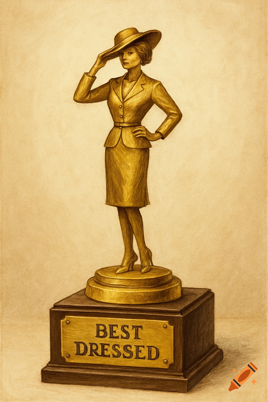 Sepia illustration of a 'BEST DRESSED' trophy statue of a woman in a suit and hat.