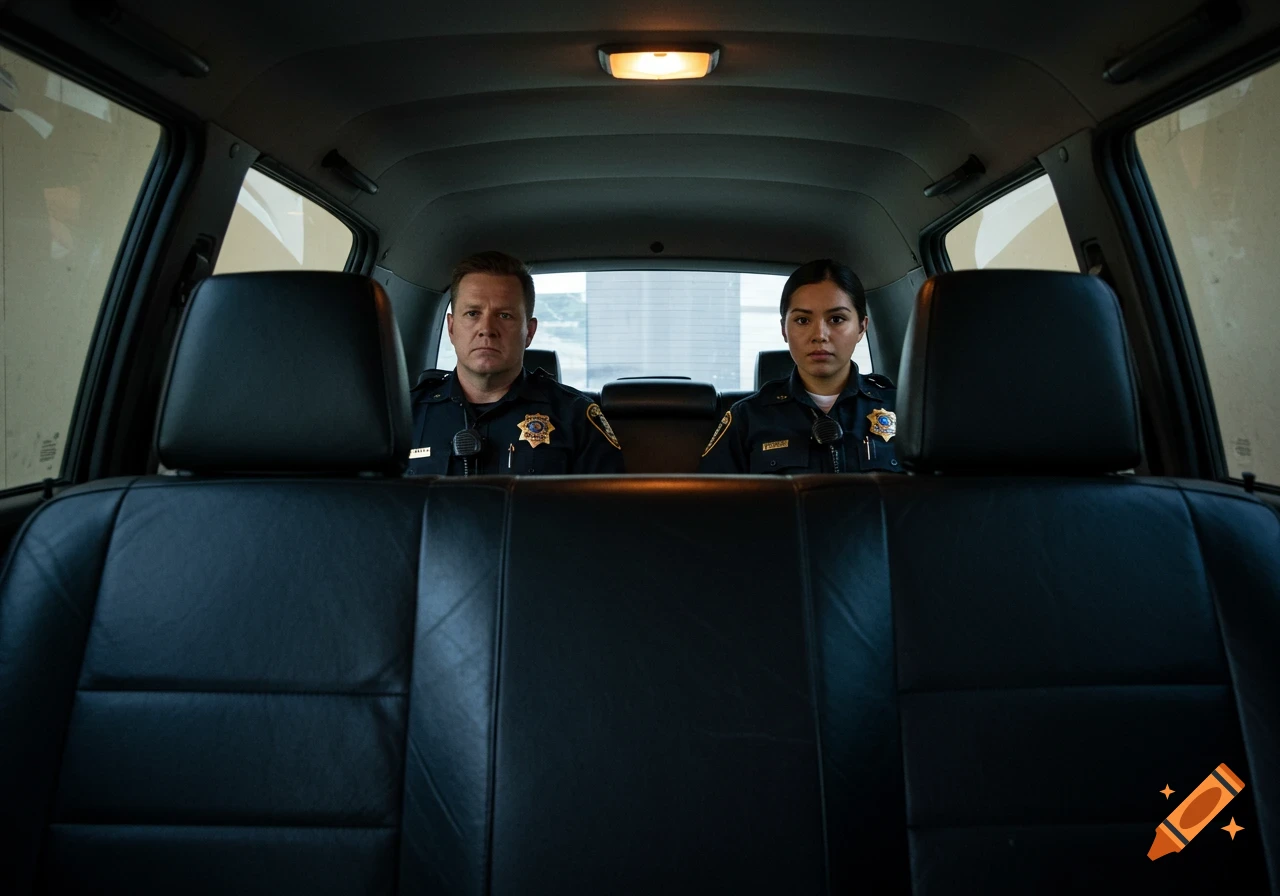 Two police officers sit in the back seat of a car looking forward
