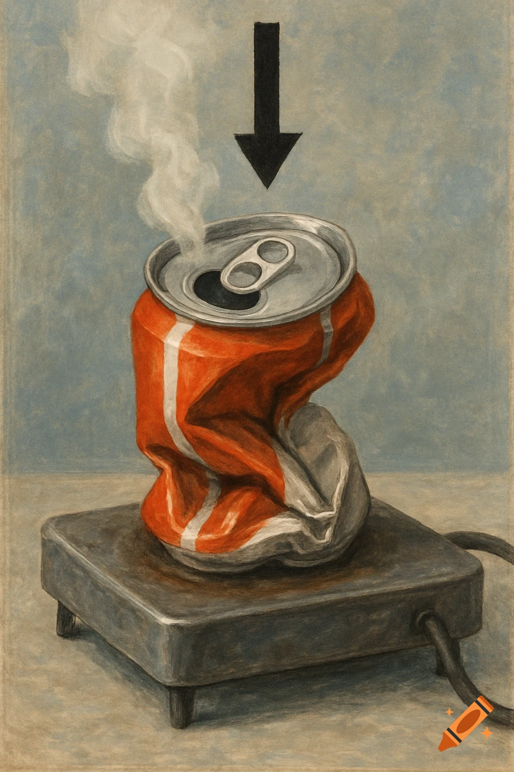Illustration of a crushed red and white soda can steaming on a hot plate with a downward arrow.