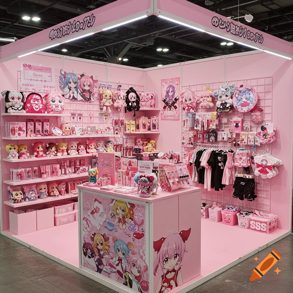 A brightly lit pink anime store booth filled with plush toys, bags, clothing, and makeup.