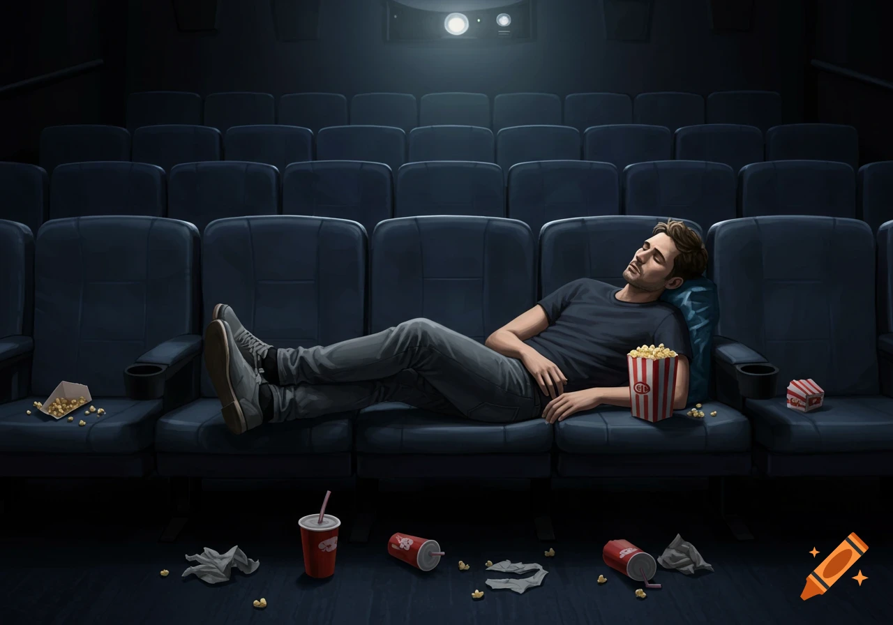 An illustrated man sleeping on cinema seats with popcorn and drinks.