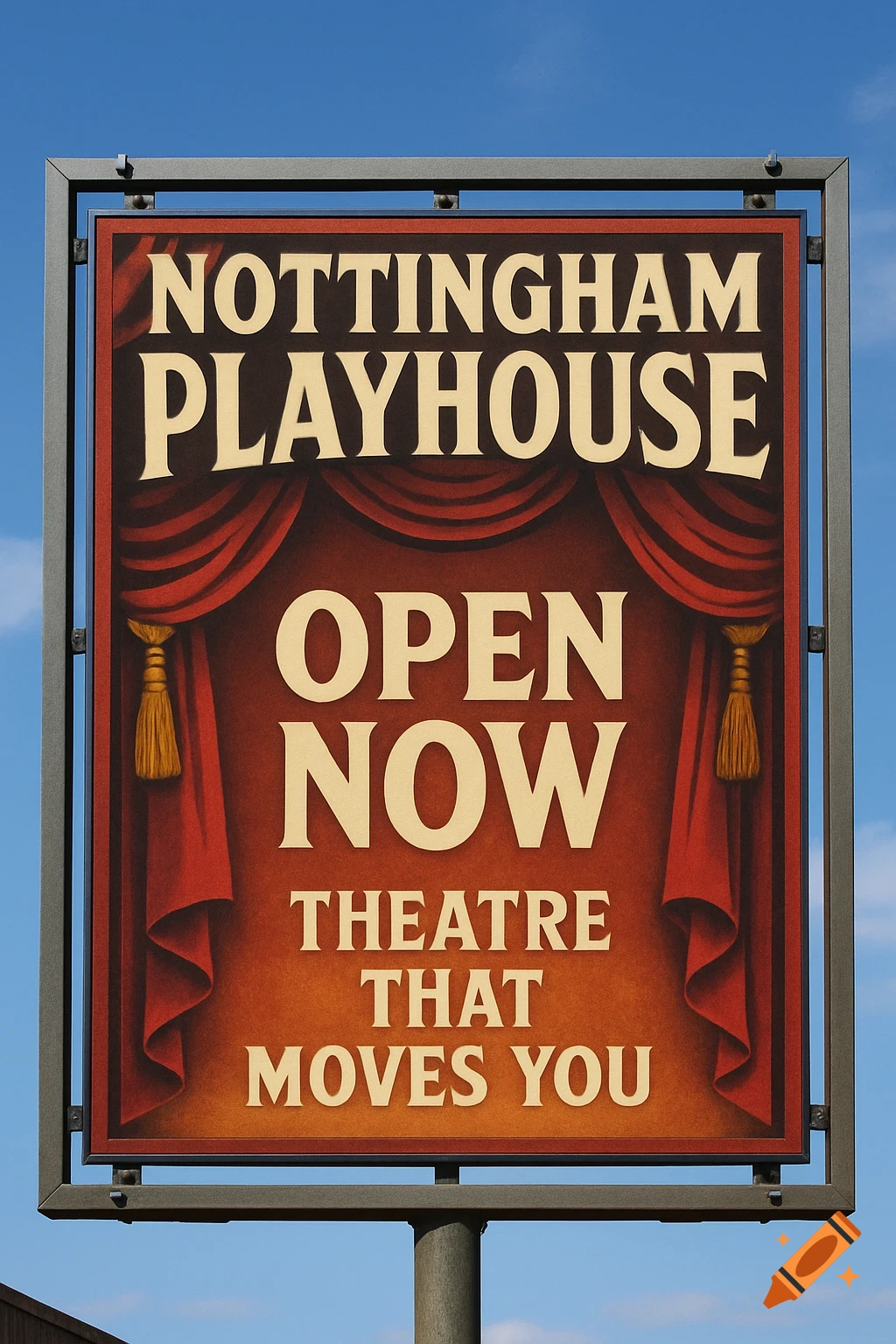 A billboard sign for the Nottingham Playhouse with text 'OPEN NOW' and 'THEATRE THAT MOVES YOU', framed by red curtains.