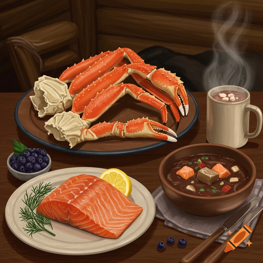 An illustration of a meal with crab legs, salmon, soup, and a hot drink on a table