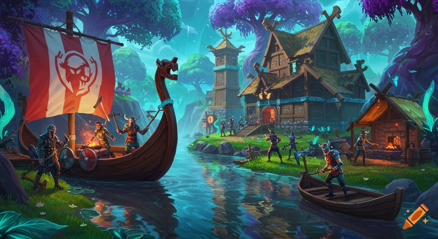 Stylized game art of a viking village by a river with vikings in a longboat.