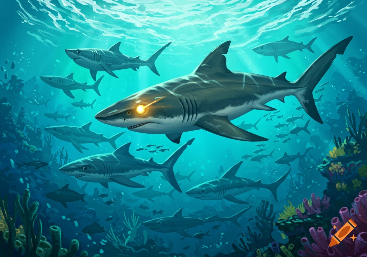 An illustration of multiple sharks swimming in the ocean near a coral reef.