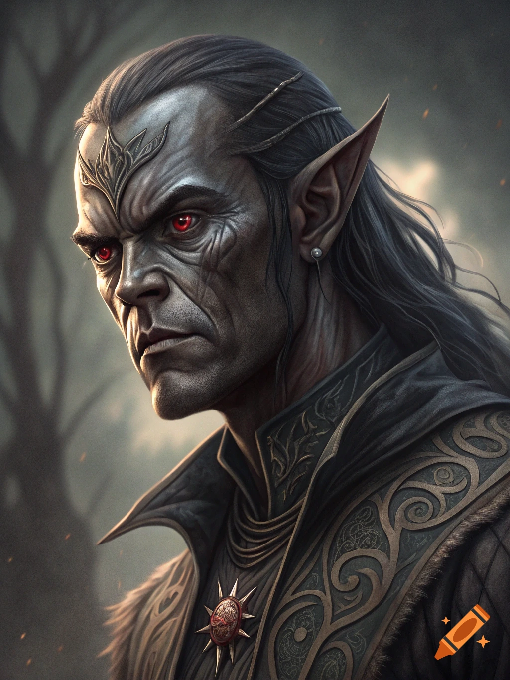 A detailed portrait of a dark elf with red eyes. on Craiyon