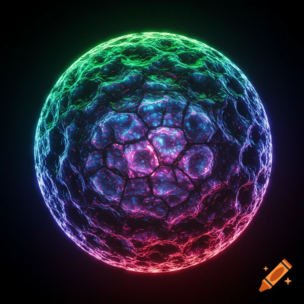 A vibrant, glowing orb with a complex cellular or crystalline texture, rendered in neon green, blue, and pink colors.
