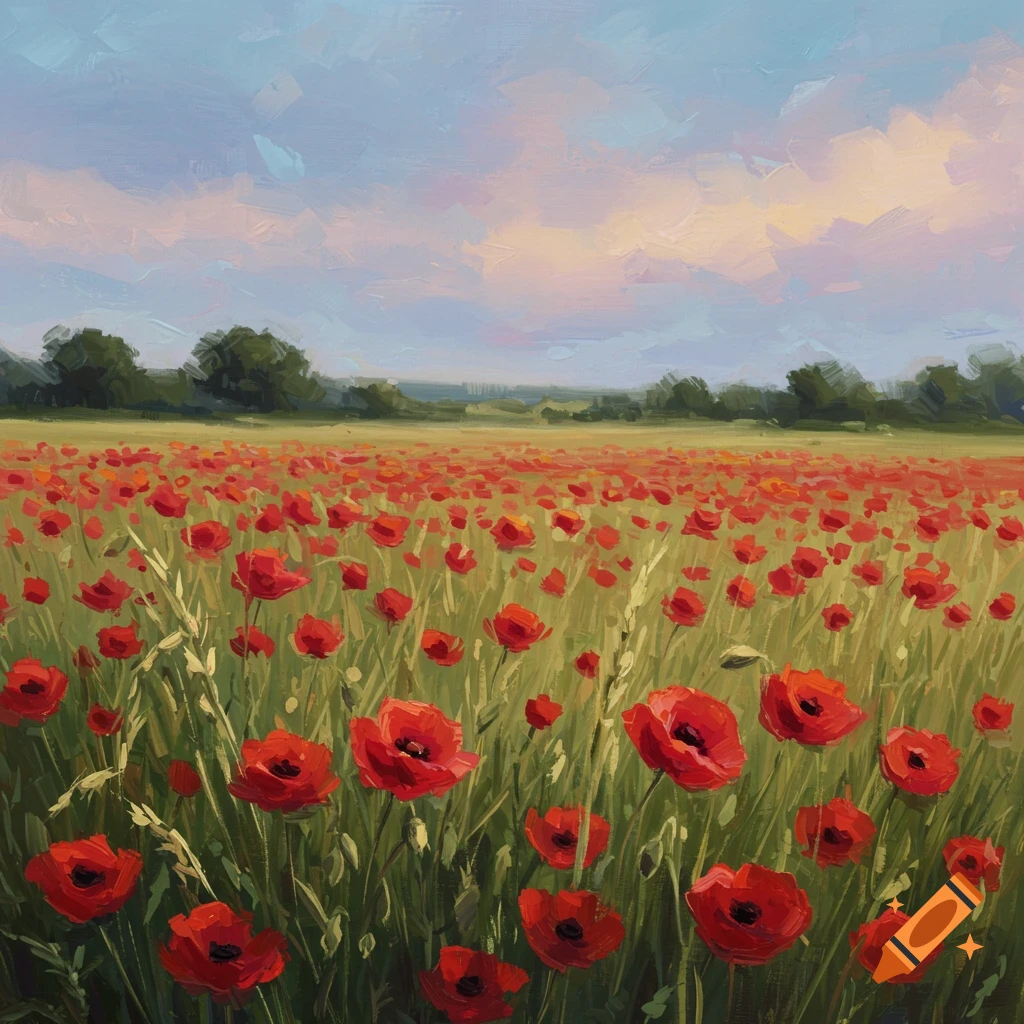 An impressionistic painting of a field of red poppies under a cloudy sky.