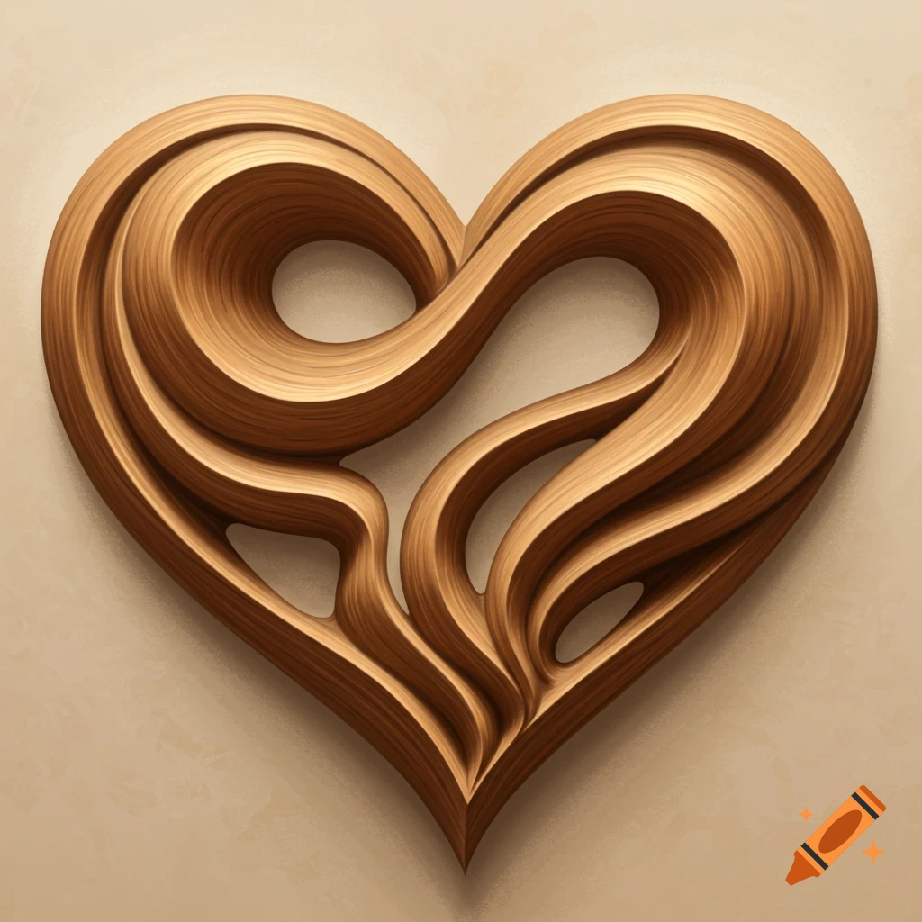 A stylized heart shape made of swirling wood on a light background.