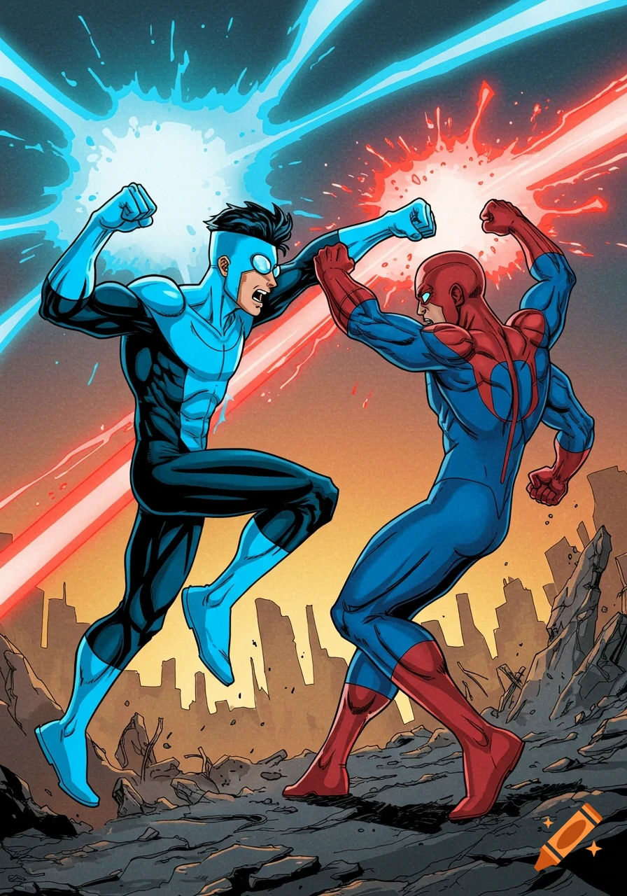 Two comic book superheroes, one in blue, one in red and blue, fight in a ruined city, comic art style.