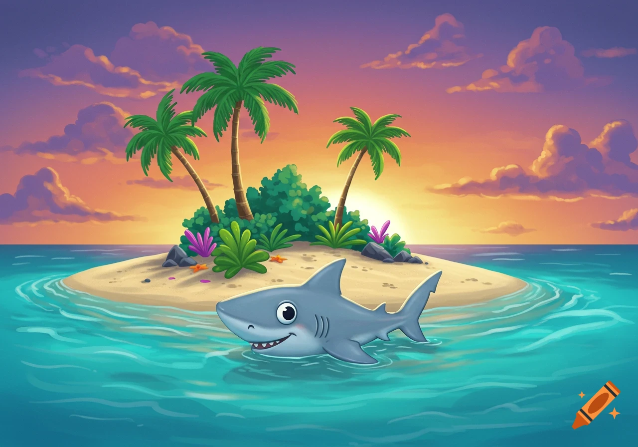 Cartoon shark swims by a tropical island with palm trees at sunset.