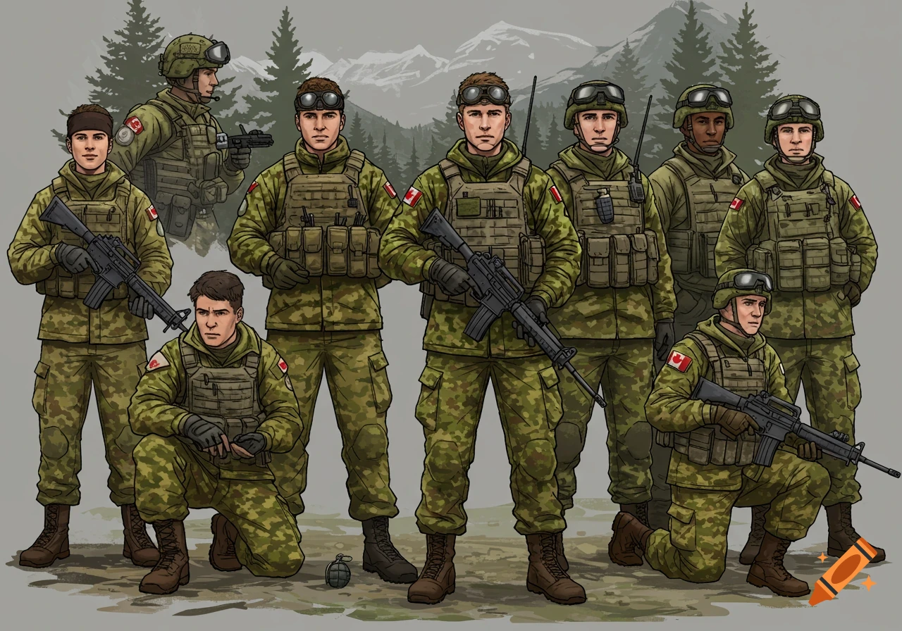 Illustration of Canadian soldiers in camouflage uniforms with rifles in a forest and mountain landscape.