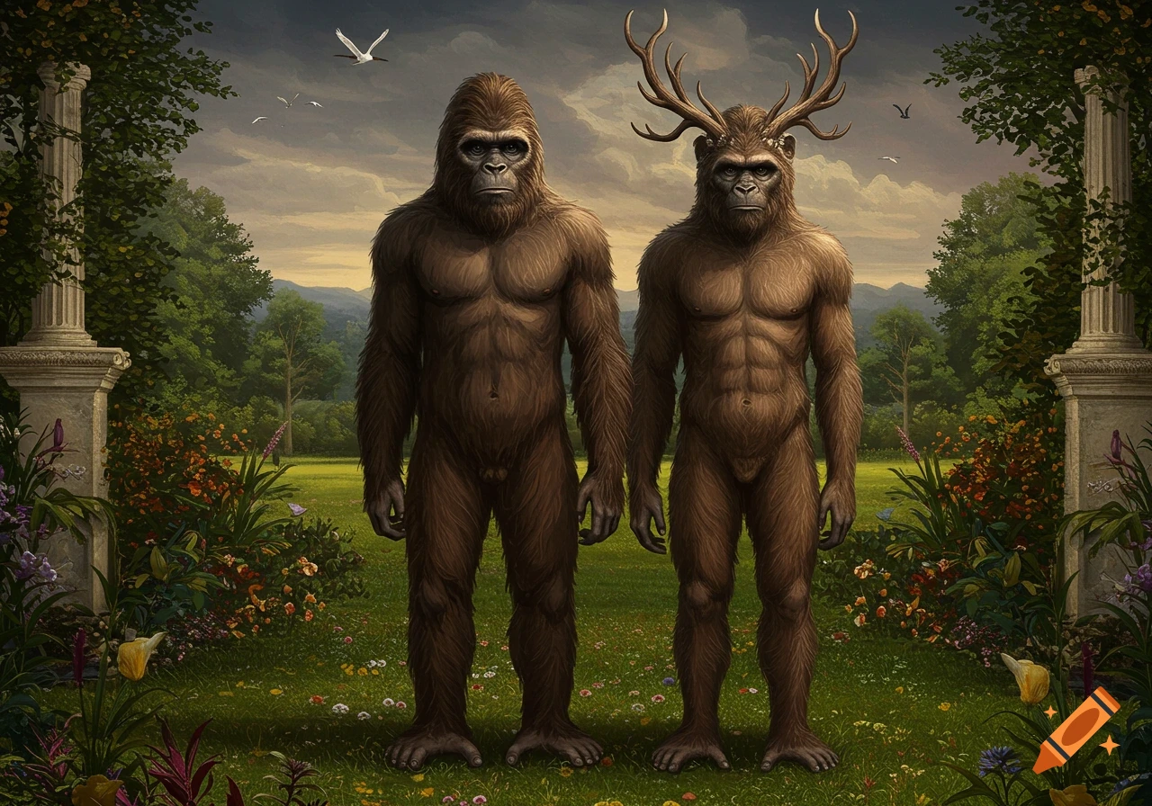 Two furry sasquatch-like figures, one with antlers, stand in a lush renaissance garden painting.