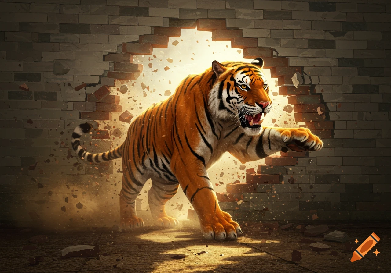 A powerful tiger crashes through a brick wall surrounded by debris and light.