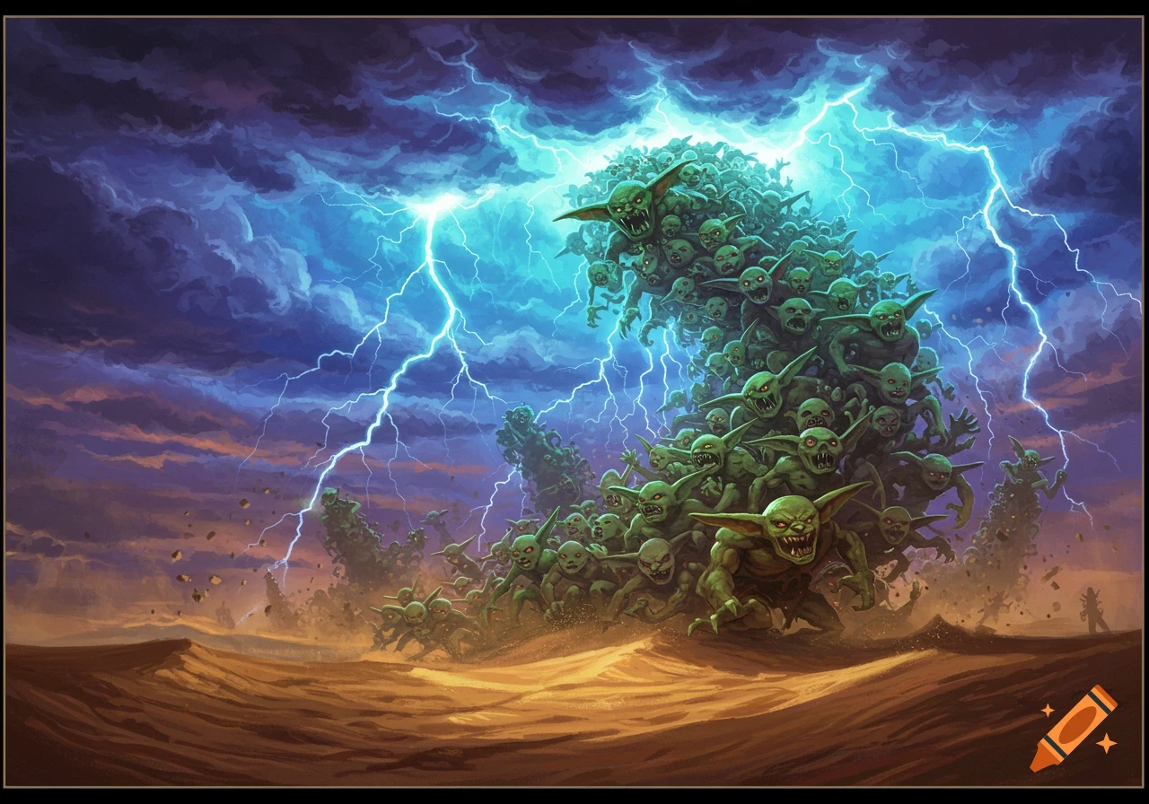 Fantasy illustration of a storm of green goblins rising from the desert ground during a lightning storm.
