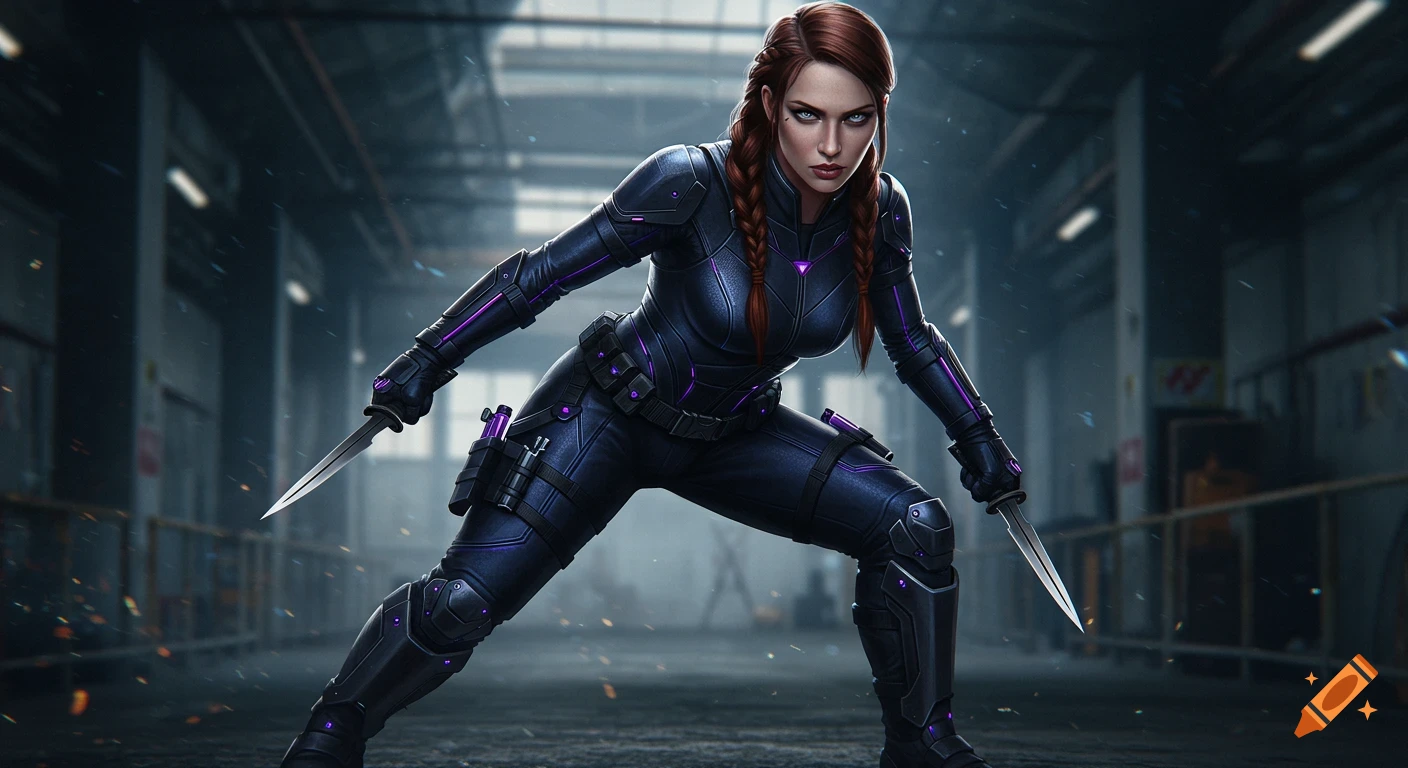 Female operative in futuristic suit holds knives in a dark industrial setting.