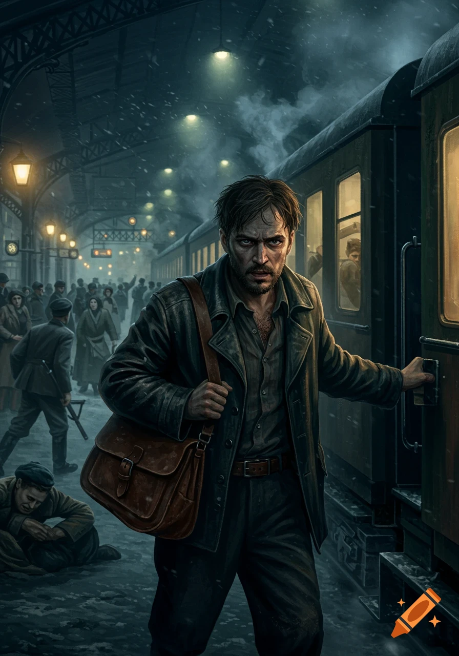 A man with a bag stands next to a train at a snowy station at night, in a digital illustration style.