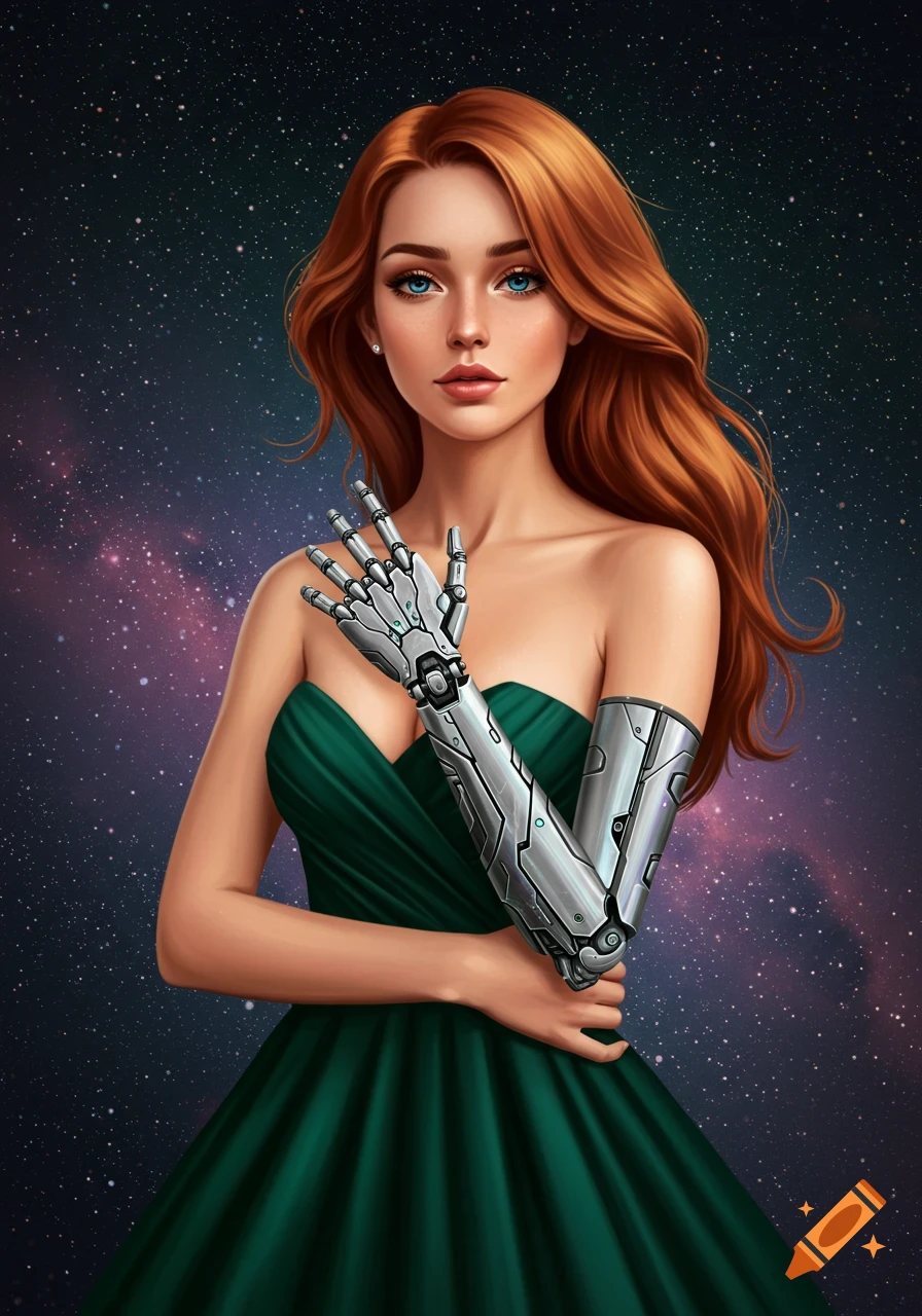 Portrait of a woman with red hair and a cyborg arm in a green dress against a starry background.