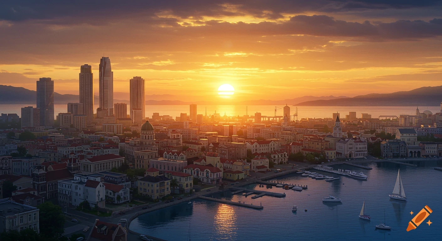 A city skyline and harbor viewed from above at sunset.