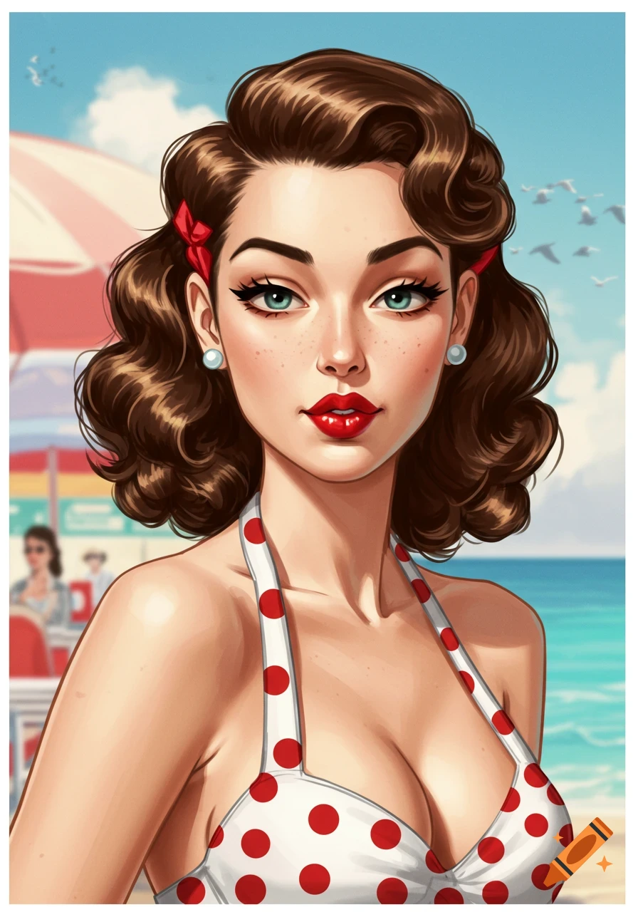 A classic pin-up illustration of a woman in a polka dot bikini on a beach.