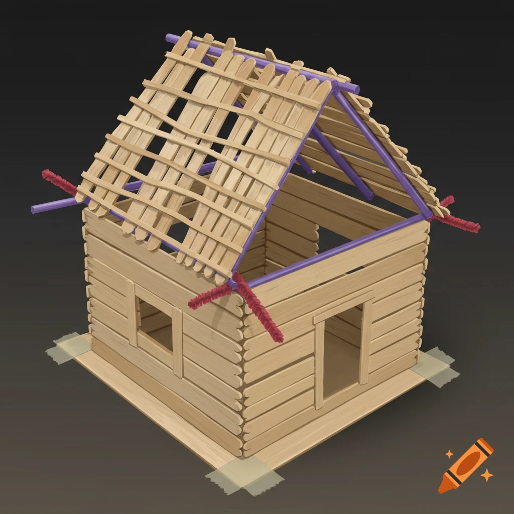 A model house under construction made from popsicle sticks, straws, pipe cleaners, and tape.