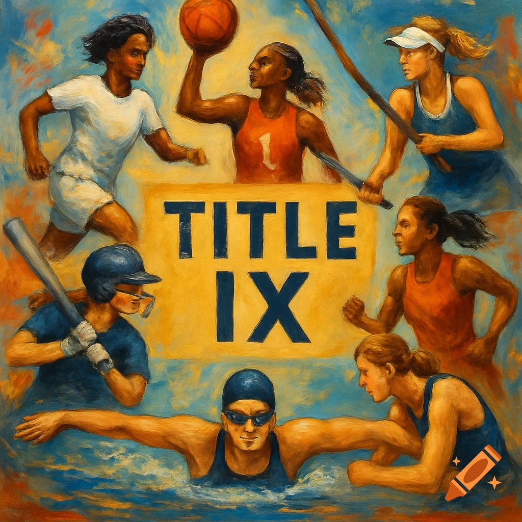 Painterly image of women participating in various sports surrounding a banner that reads 'TITLE IX'.