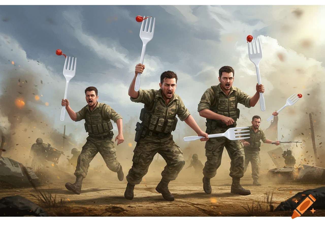 Military men charge across a battlefield holding large plastic forks