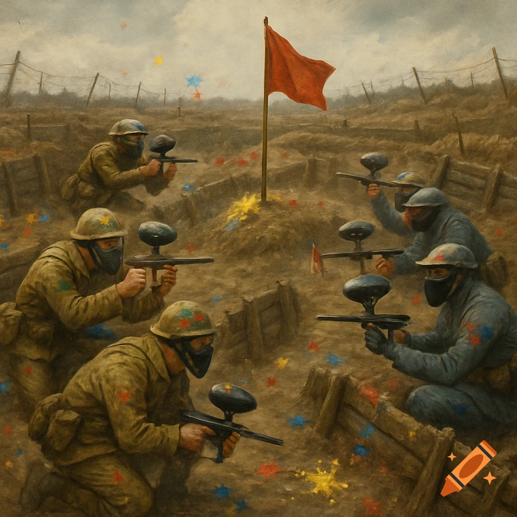 People in WWI-style military gear play paintball in muddy trenches under a cloudy sky, with a red flag in the center.
