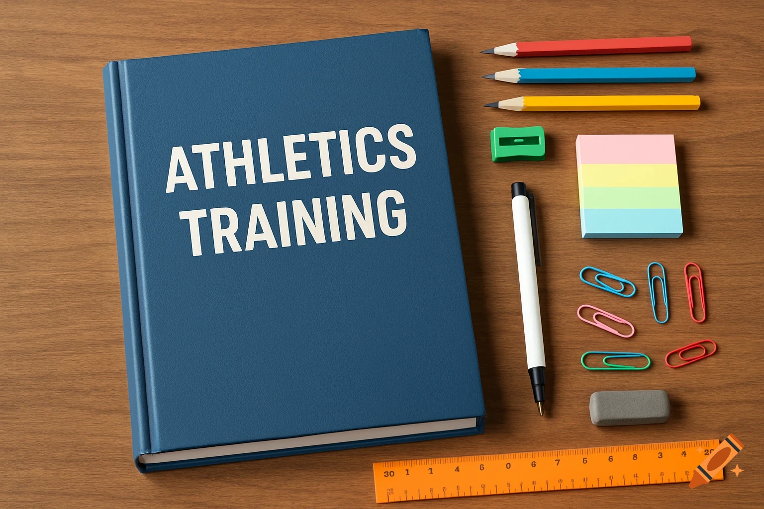 Flat lay of a blue book titled "ATHLETICS TRAINING" and various school supplies like pencils, paper clips, sticky notes, a ruler, and an eraser on a wooden surface.