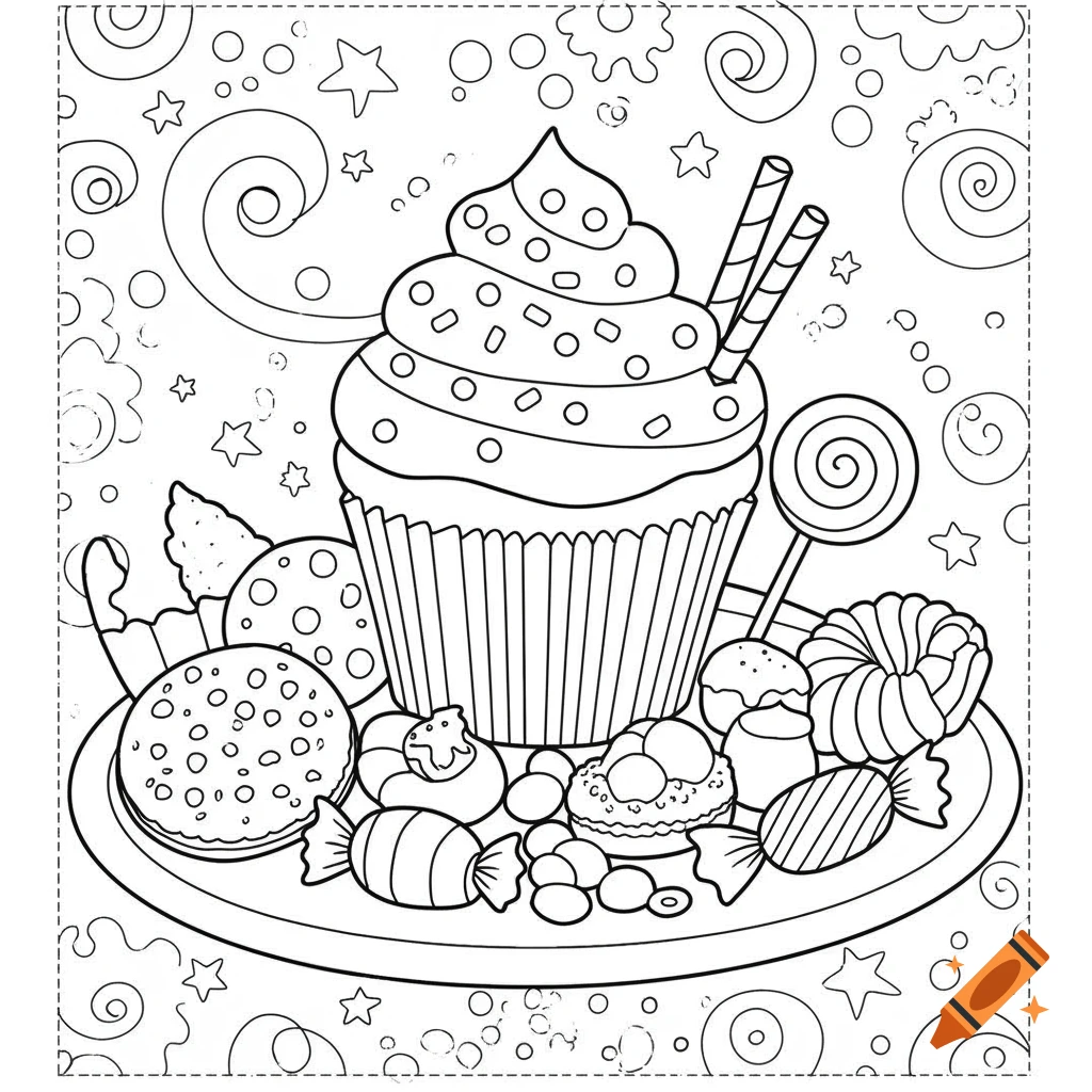 A black and white coloring page featuring a large cupcake surrounded by various candies and treats on a plate, with scattered swirls and stars in the background.