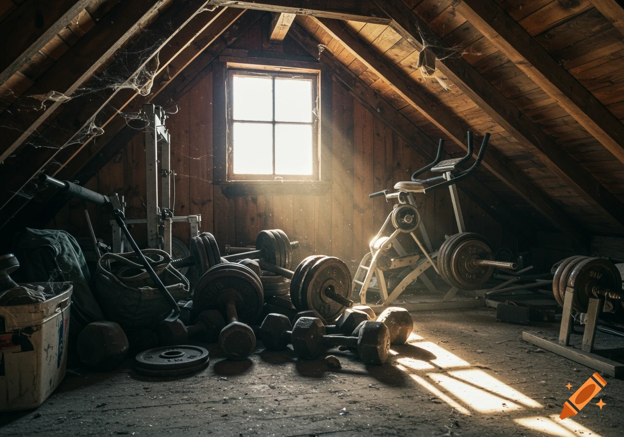 Weights and dumbbells sit dusty in an old attic, light streams through a window