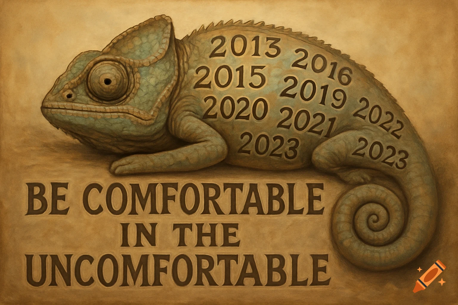 Painting of a chameleon engraved with years and text 'BE COMFORTABLE IN THE UNCOMFORTABLE'