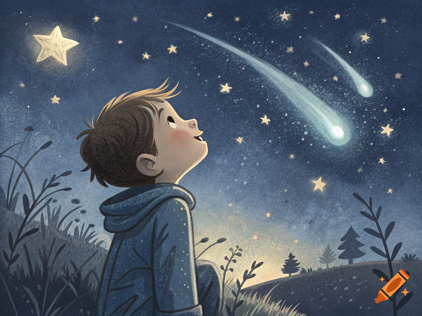 Illustrative image of a boy looking up at the night sky with stars and ...