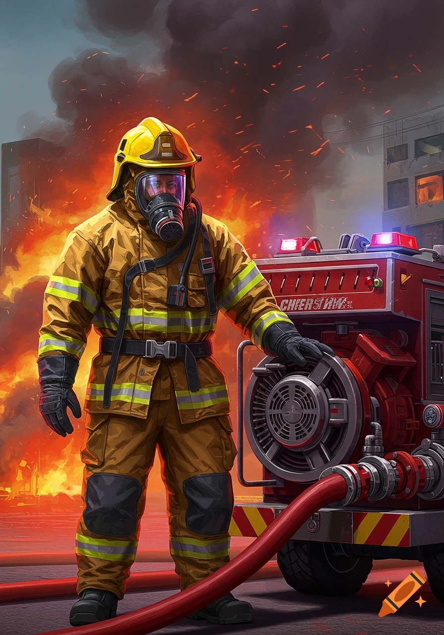 Firefighter in mask and gear stands next to a red pump with a fire in the background, digital art