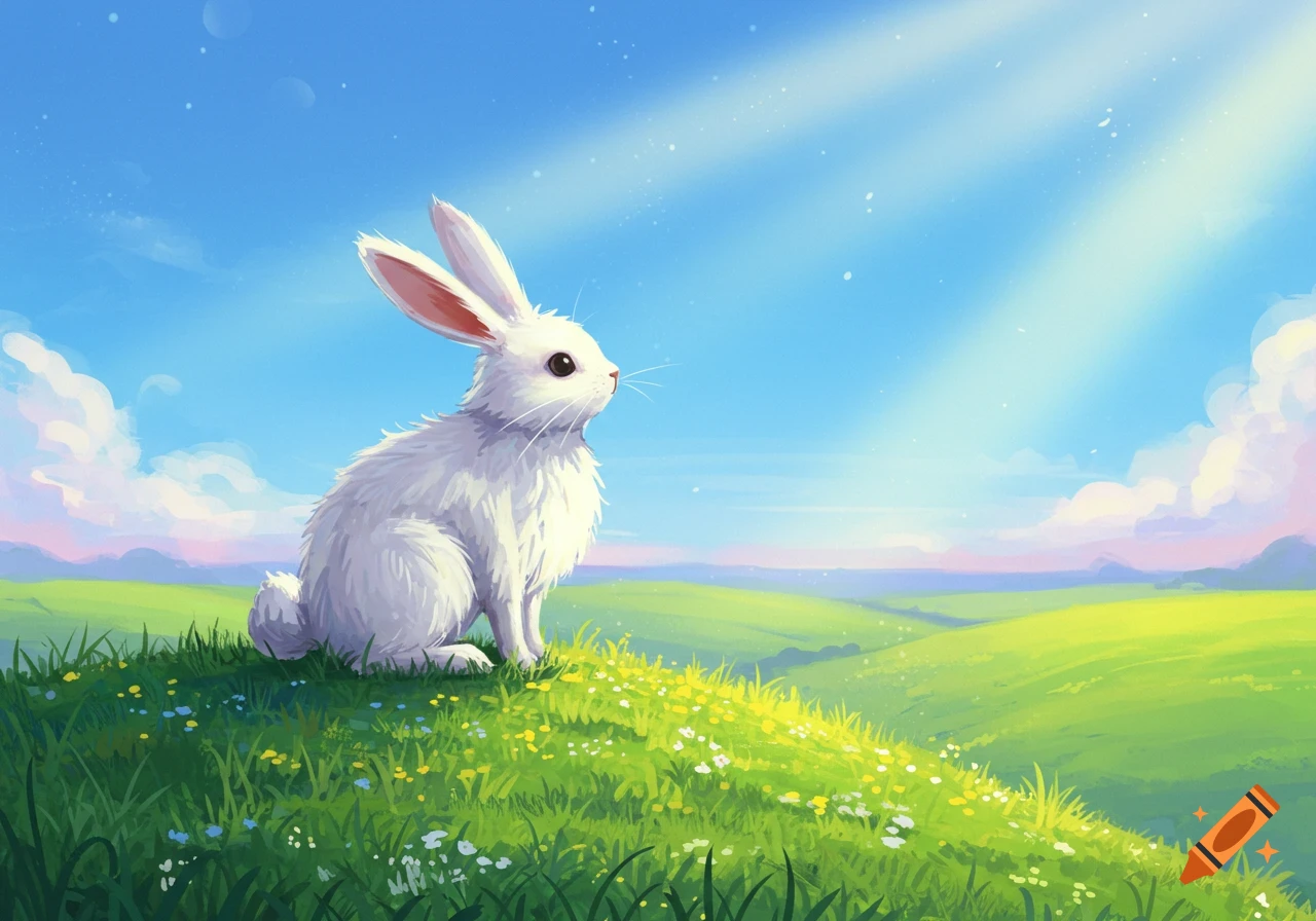 A white rabbit sits on a grassy hill with flowers under a bright blue sky and sun rays. Digital art.