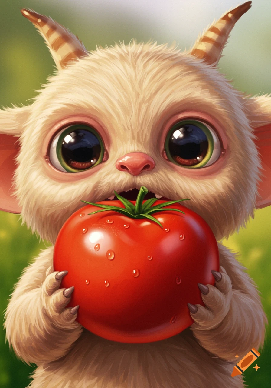 Cute furry fantasy creature holding a large red tomato in its mouth, digital illustration.