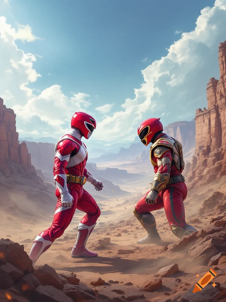 Two red-suited Power Rangers face each other in a rocky desert canyon.