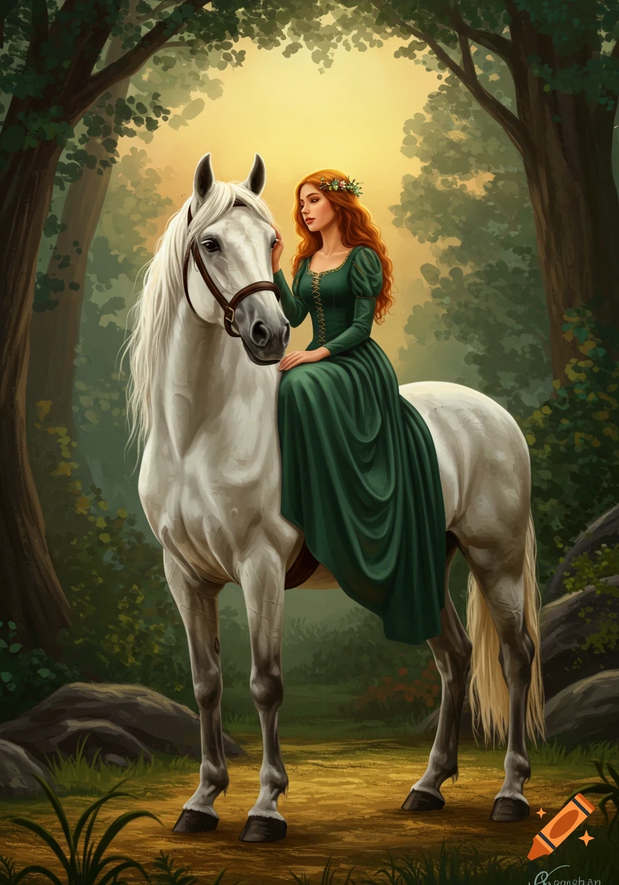 A woman in a green dress rides a white horse sidesaddle in a sunlit forest.