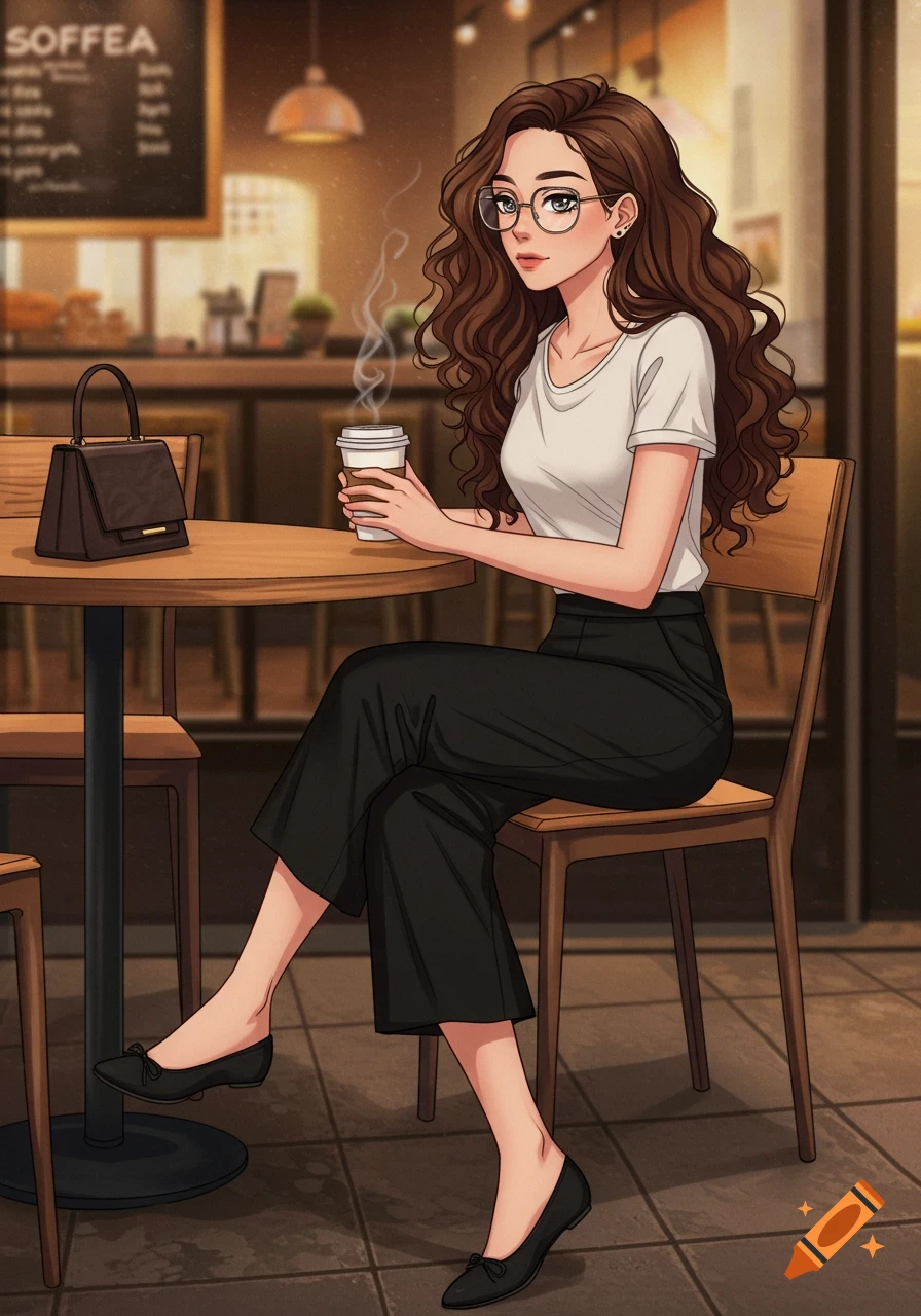 A young woman with glasses sitting in a cafe, holding a coffee cup. Anime style.