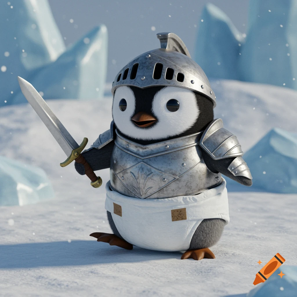 A cute baby penguin in silver armor and a white diaper holds a sword in a snowy landscape with ice formations. Rendered in 3D.