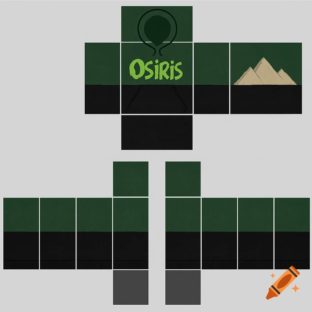 Roblox hoodie template with green and black sections, 'OSiRiS' text on the front, and Egyptian pyramids on the back panel.