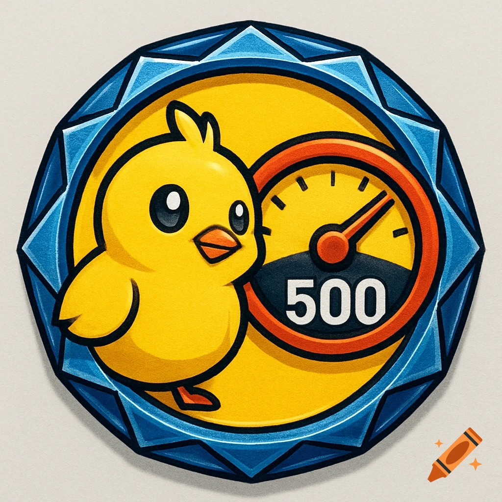 A cartoon badge with a yellow chick and a speedometer showing 500 inside a blue geometric border.