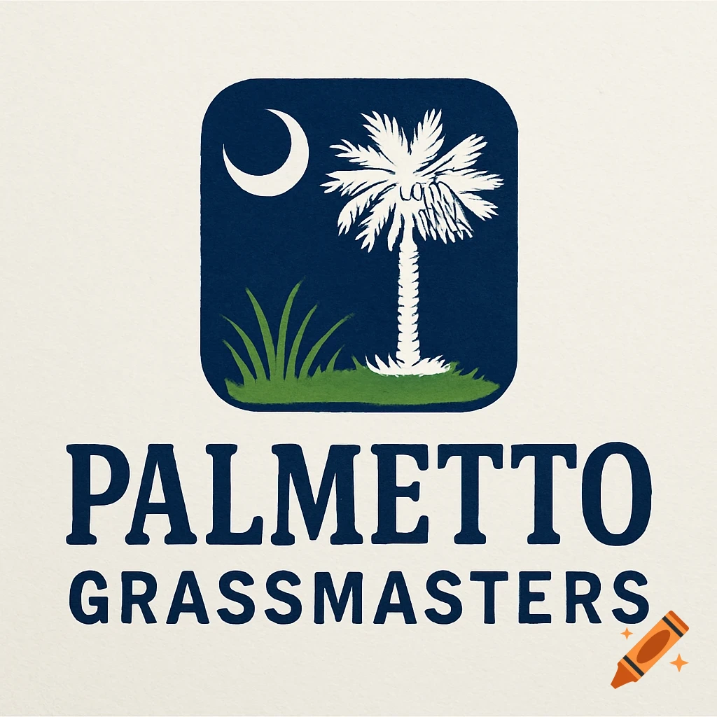 Logo for Palmetto Grassmasters featuring a palmetto tree and crescent moon symbol
