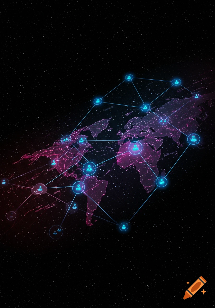 Digital world map with interconnected network nodes against a starry sky.