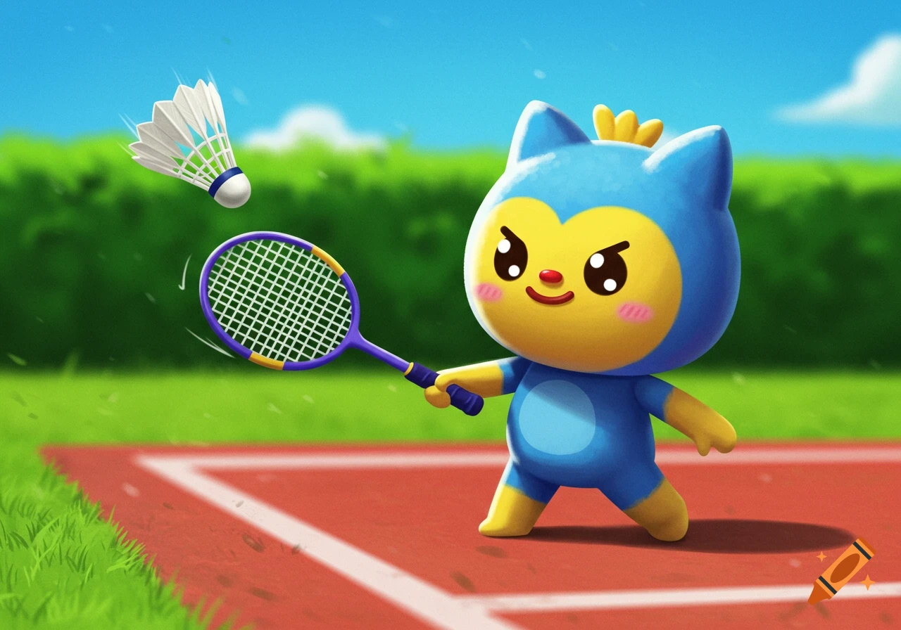 A cute blue and yellow character plays badminton on an outdoor court.